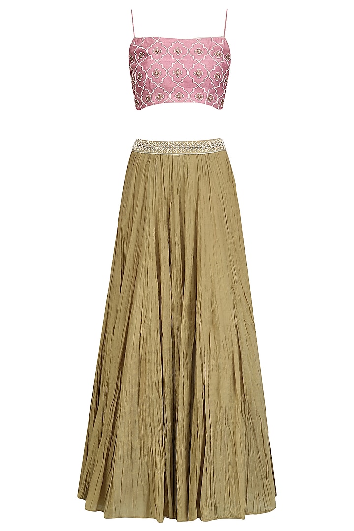Pink Embroidered Crop Top, Cape and Gold Lehenga Set by Tisha Saksena