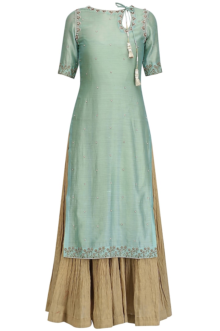 Green embroidered kurta and gold lehenga set available only at Pernia's Pop Up Shop.