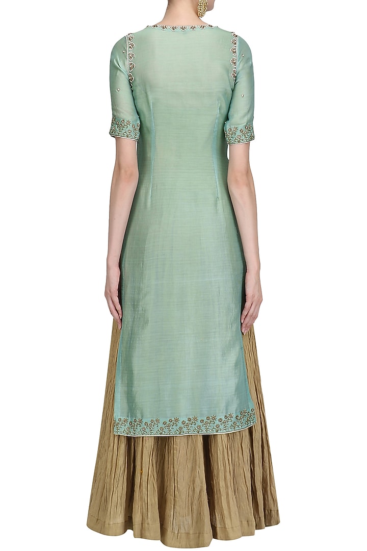 Green embroidered kurta and gold lehenga set available only at Pernia's Pop Up Shop.
