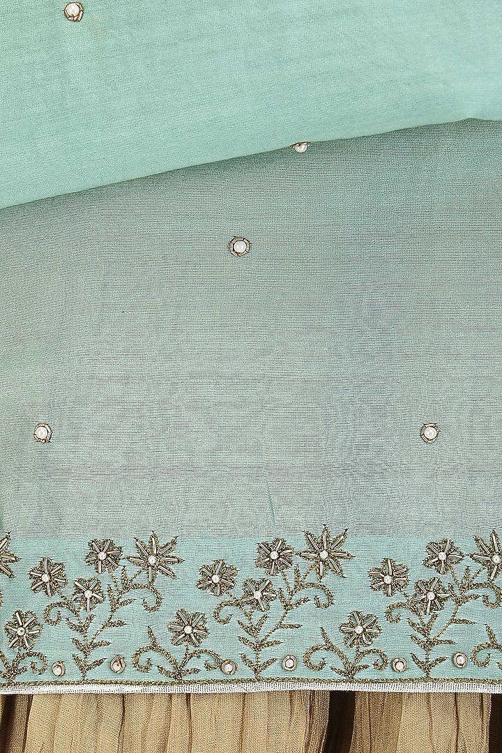 Green embroidered kurta and gold lehenga set available only at Pernia's Pop Up Shop.