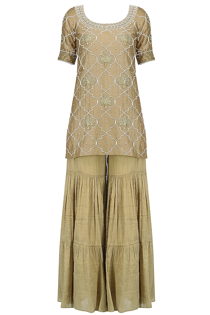 Gold Pearl Embroidered Short Kurta and Garara Pants Set by Tisha Saksena
