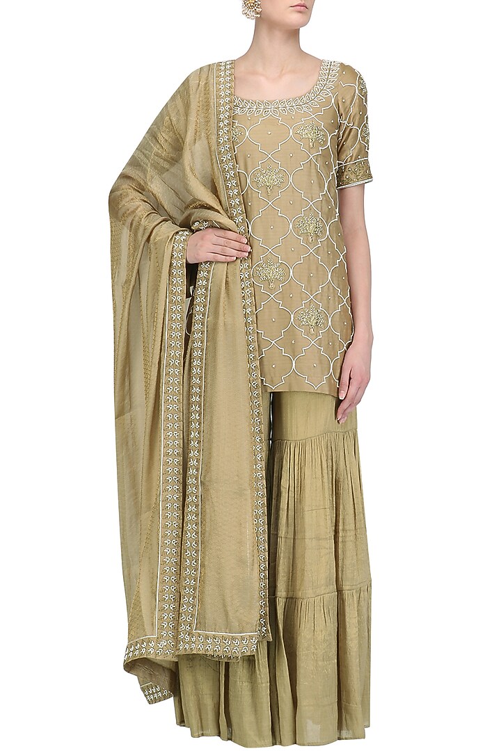Gold pearl embroidered short kurta and garara pants set available only at Pernia's Pop Up Shop.
