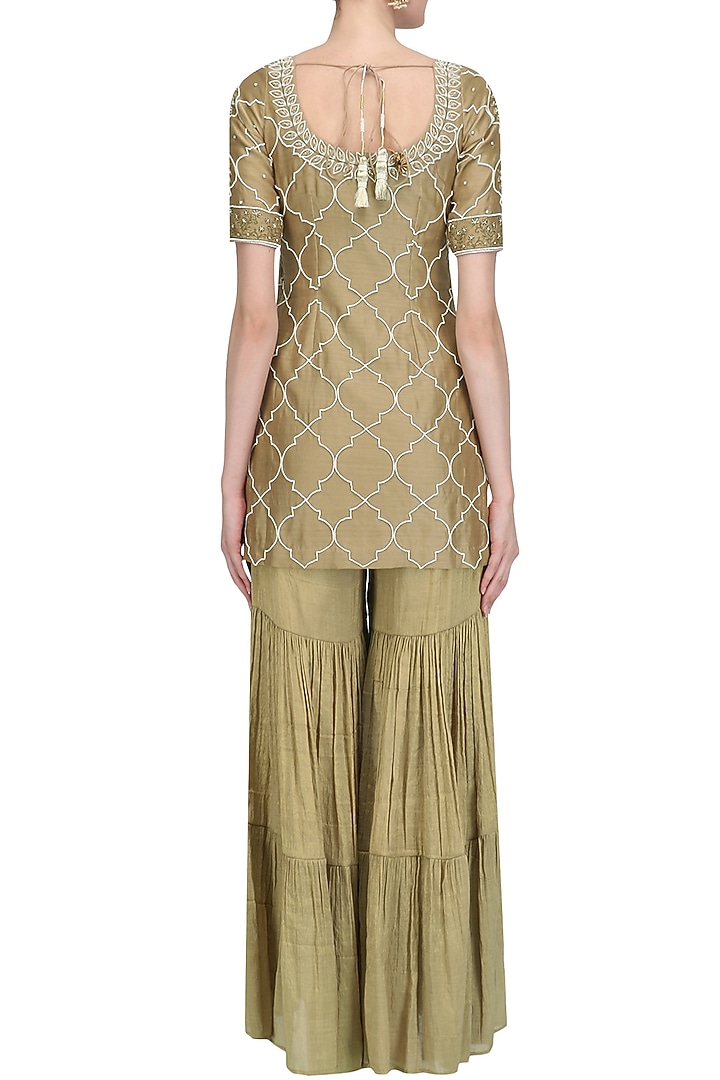 Gold pearl embroidered short kurta and garara pants set available only at Pernia's Pop Up Shop.