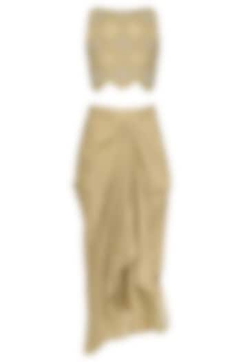 Gold Hand Embroidered Crop Top and Drape Skirt Set by Tisha Saksena