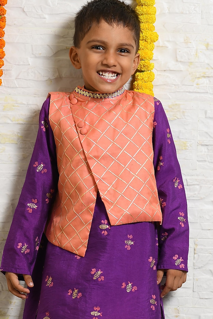 Purple Printed Kurta Set With Pink Nehru Jacket For Boys by LITTLE BRATS at Pernia's Pop Up Shop