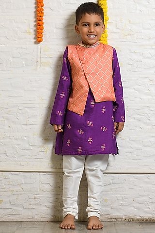 Purple Printed Kurta Set With Pink Nehru Jacket For Boys by LITTLE BRATS