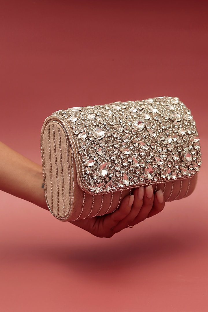 Beige Suede Embellished Clutch by THE TAN CLAN