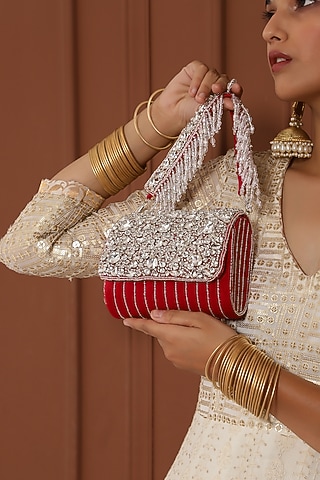 Red Suede Embellished Clutch by THE TAN CLAN