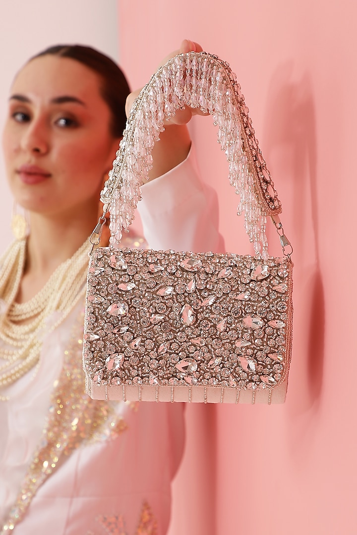 White Suede Embellished Clutch by THE TAN CLAN