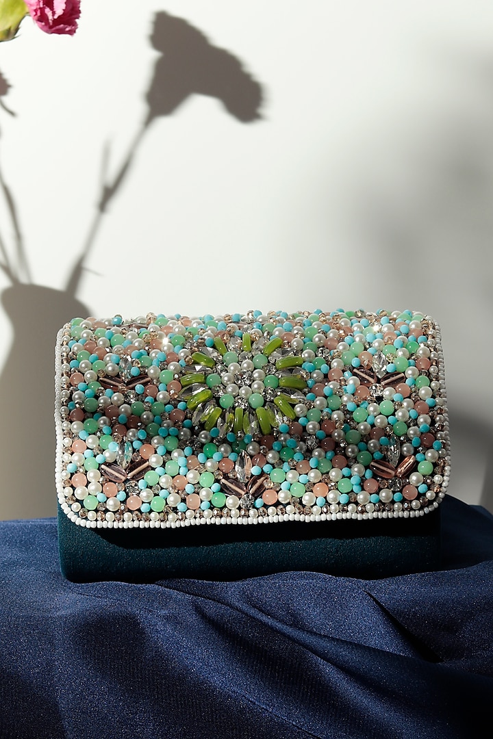 Blue Suede Embellished Clutch by THE TAN CLAN