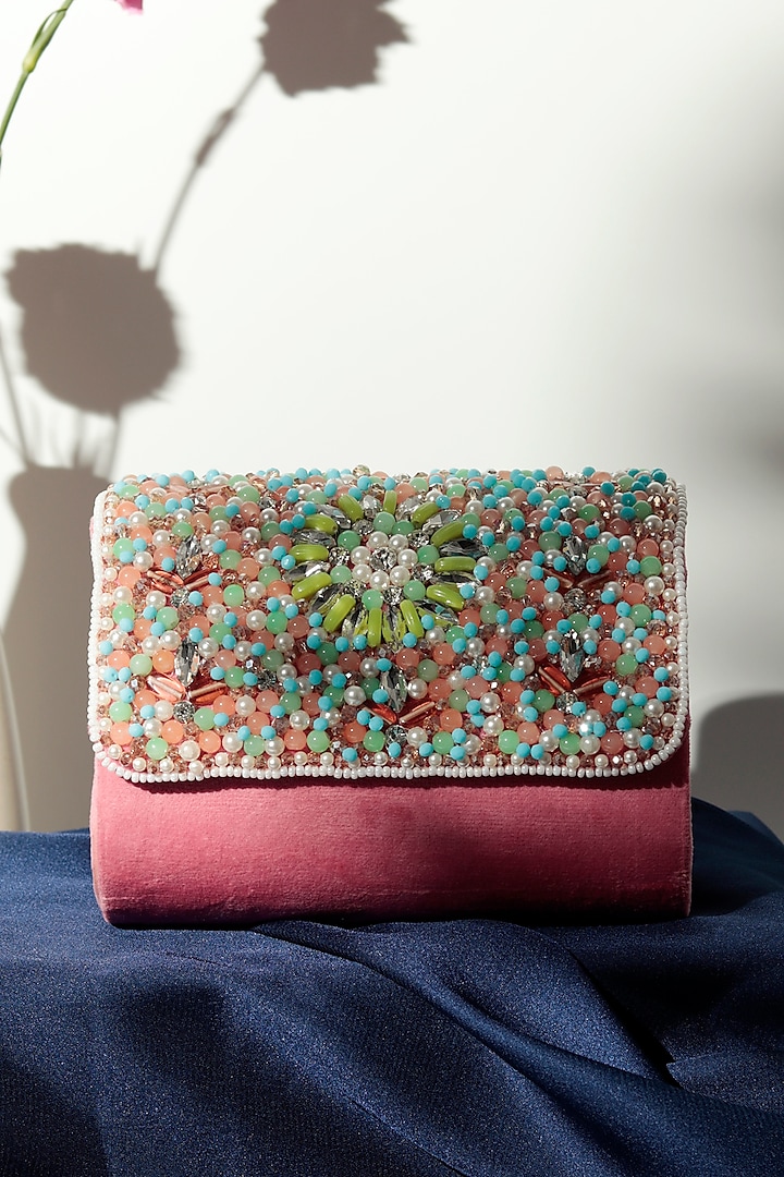Pink Suede Embellished Clutch by THE TAN CLAN