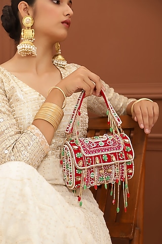 Red Suede Hand Embroidered Flap Bag by THE TAN CLAN