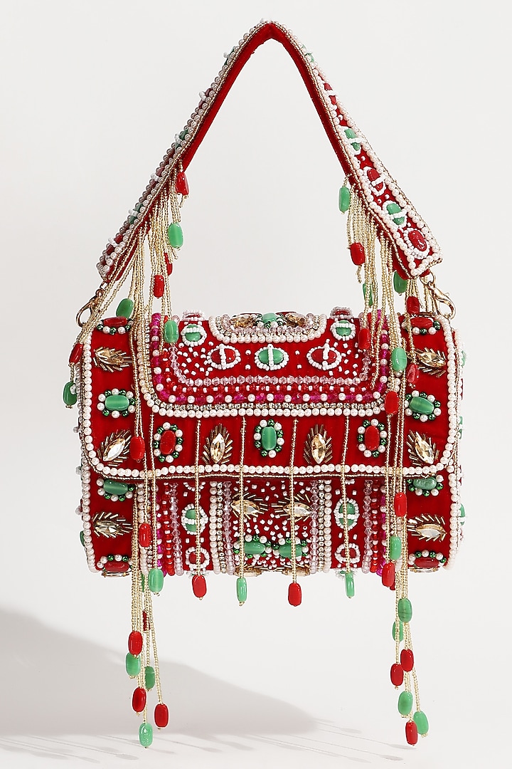 Red Suede Hand Embroidered Flap Bag by THE TAN CLAN at Pernia's Pop Up Shop