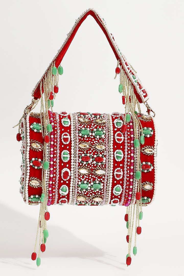 Red Suede Hand Embroidered Flap Bag by THE TAN CLAN at Pernia's Pop Up Shop