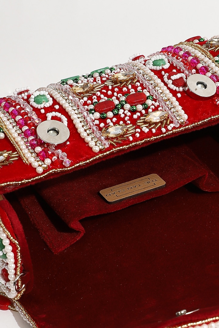 Red Suede Hand Embroidered Flap Bag by THE TAN CLAN at Pernia's Pop Up Shop