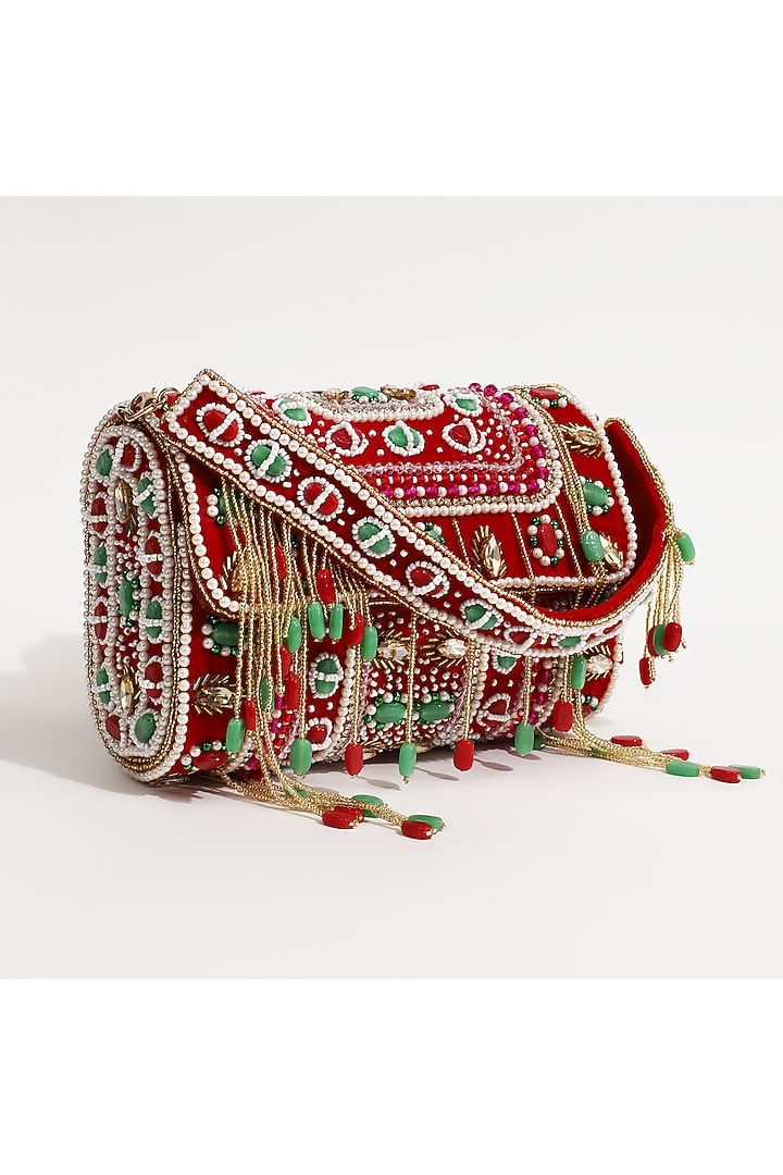 Red Suede Hand Embroidered Flap Bag by THE TAN CLAN at Pernia's Pop Up Shop