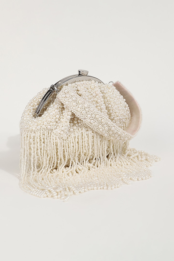 White Silk Pearl Embellished Batua Bag by THE TAN CLAN at Pernia's Pop Up Shop