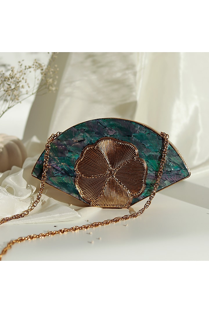 Teal & Gold Brass Embellished Handcrafted Clutch by THE TAN CLAN