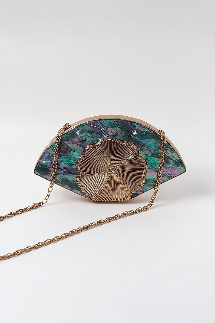 Teal & Gold Brass Embellished Handcrafted Clutch by THE TAN CLAN at Pernia's Pop Up Shop