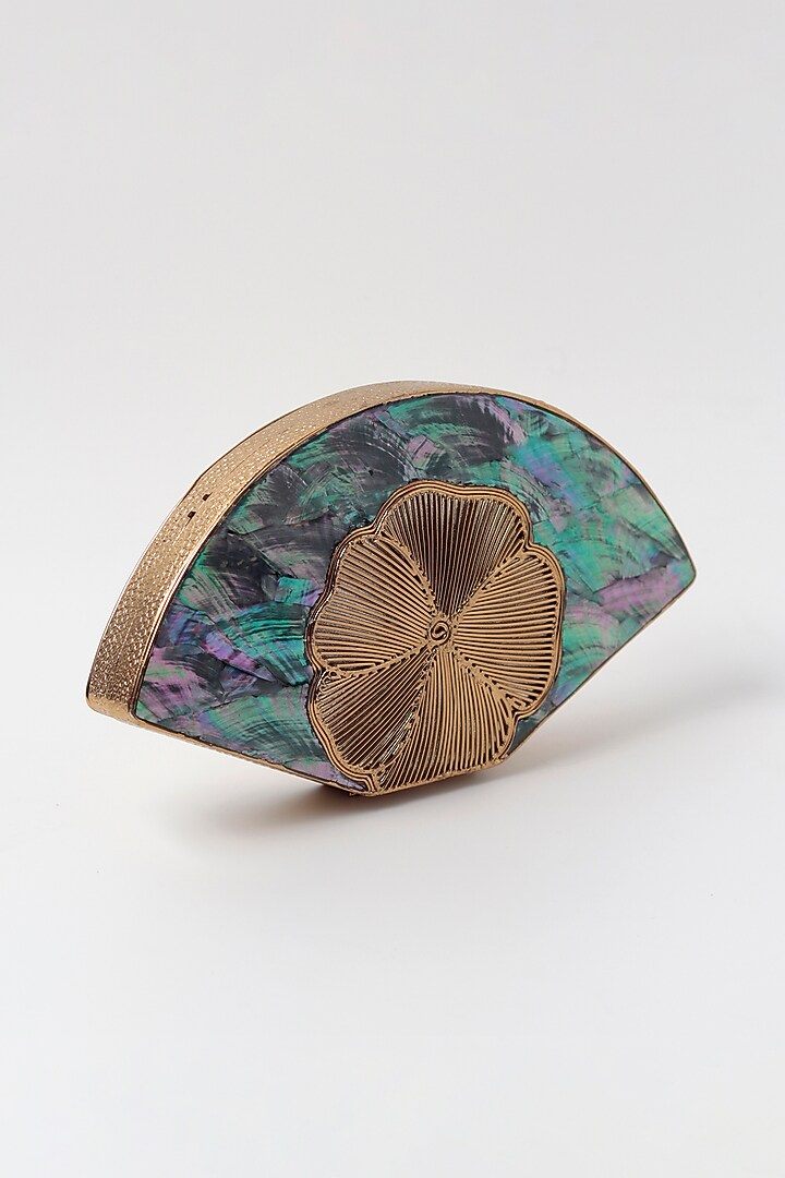 Teal & Gold Brass Embellished Handcrafted Clutch by THE TAN CLAN at Pernia's Pop Up Shop