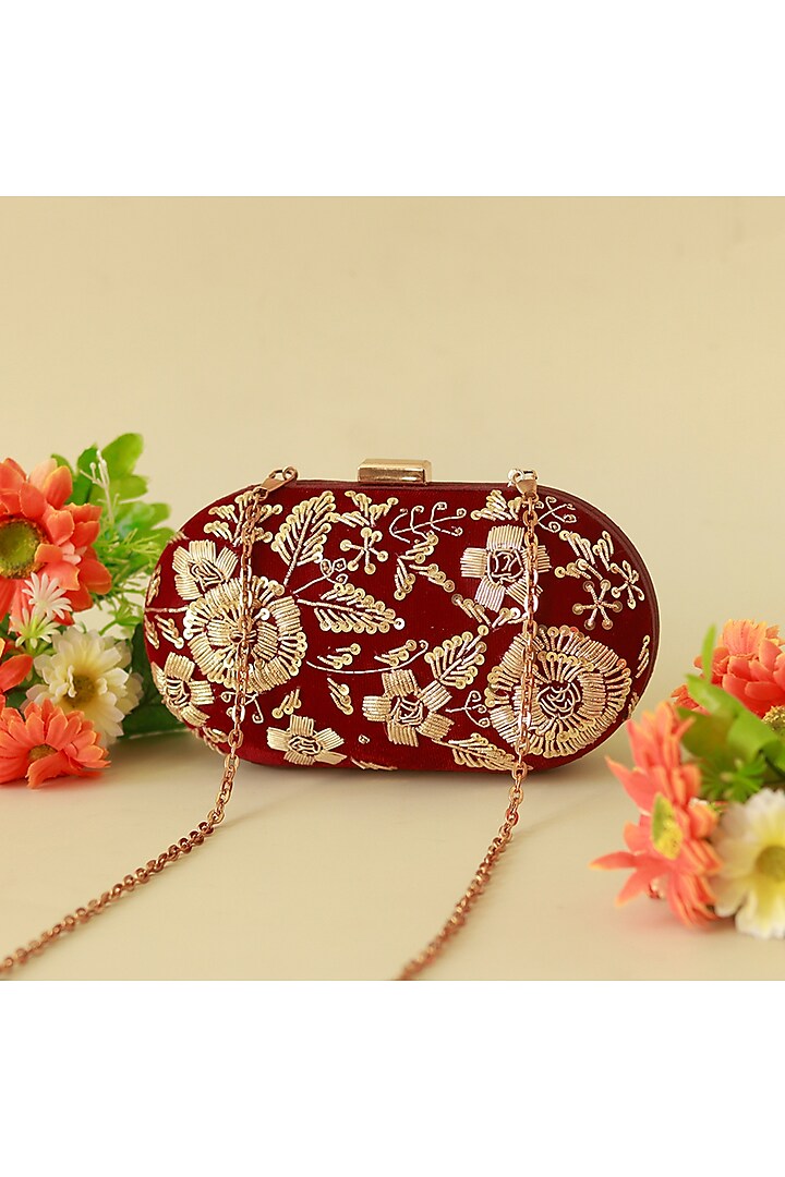 Red Velvet Zardosi Hand Embroidered Clutch by THE TAN CLAN