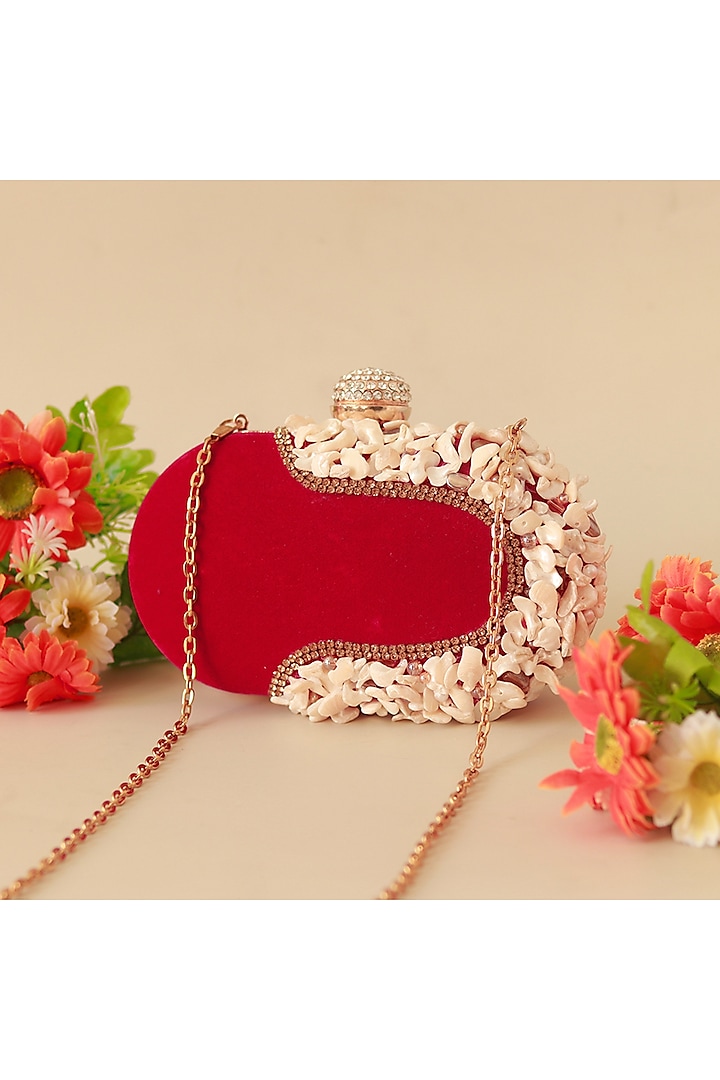 Red Velvet Sea Shell Hand Embroidered Clutch by THE TAN CLAN