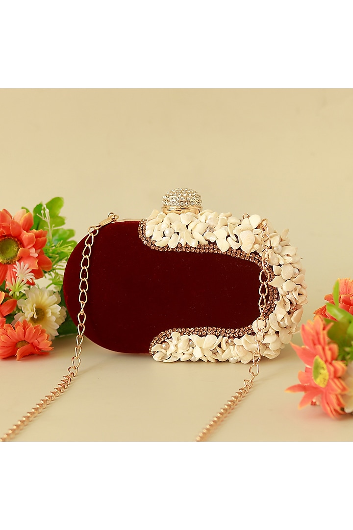 Maroon Velvet Sea Shell Hand Embroidered Clutch by THE TAN CLAN