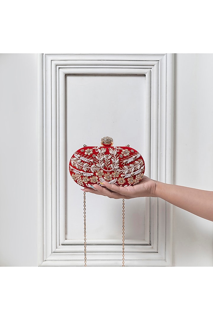 Red Raw Silk Zardosi Hand Embroidered Clutch by THE TAN CLAN