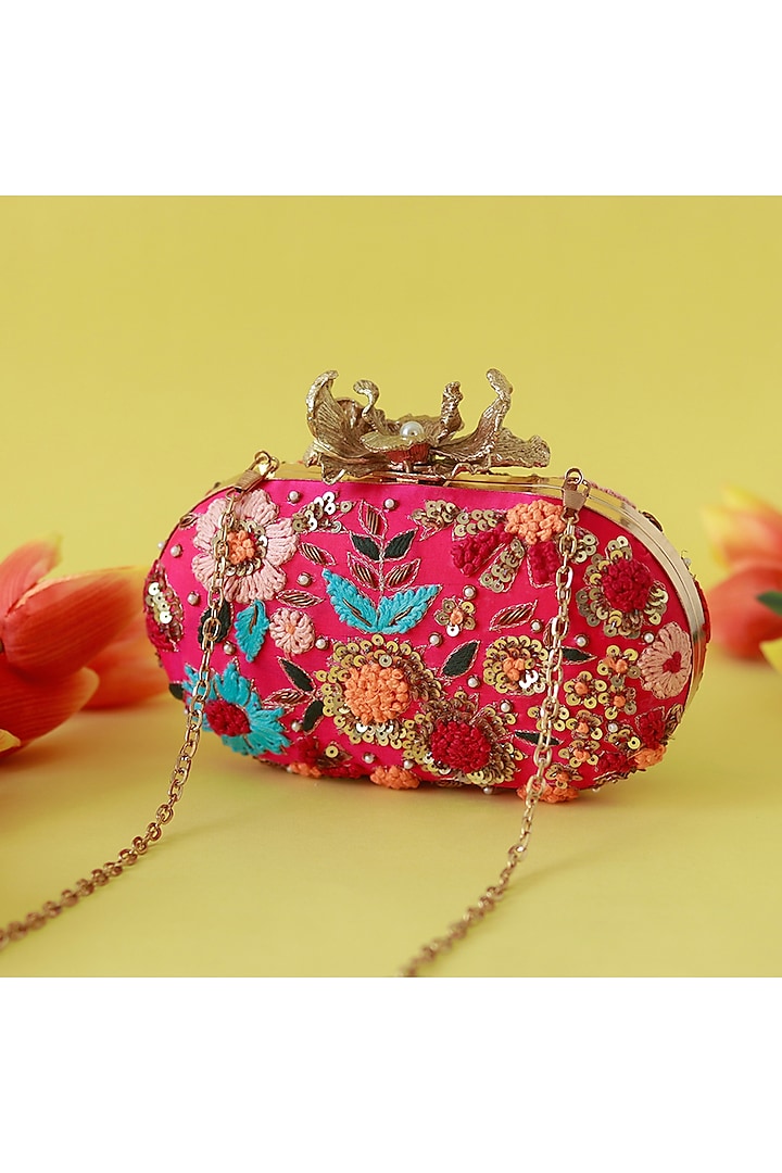 Pink Silk Resham Hand Embroidered Clutch by THE TAN CLAN