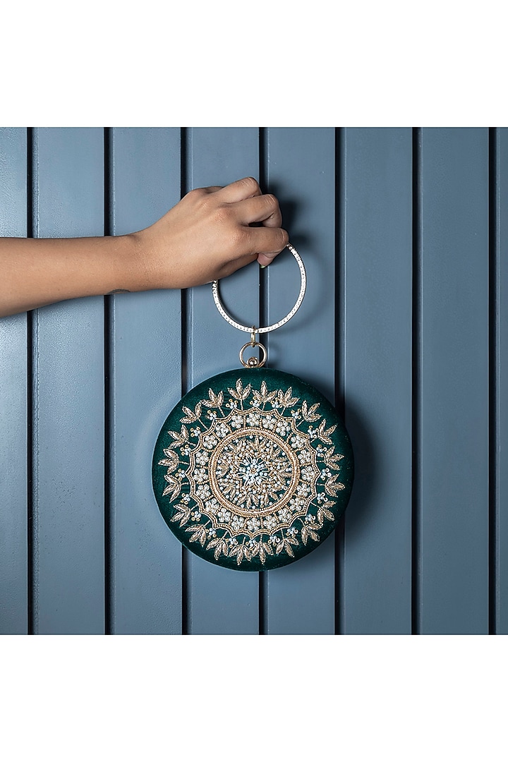 Green Velvet Zardosi Hand Embroidered Clutch by THE TAN CLAN