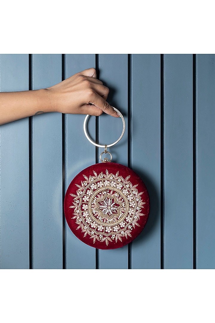 Maroon Velvet Zardosi Hand Embroidered Clutch by THE TAN CLAN
