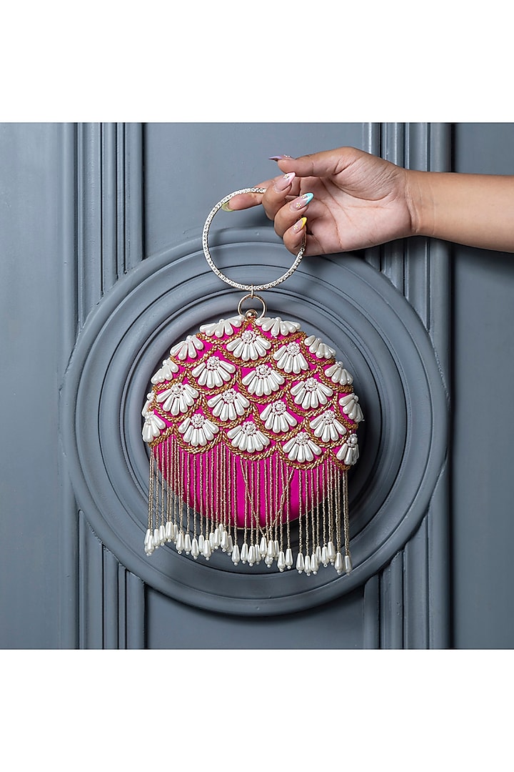 Pink Taffeta Silk Hand Embroidered Clutch by THE TAN CLAN