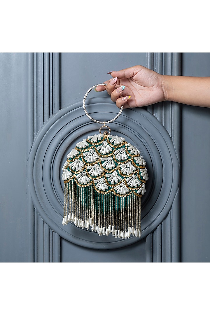 Green Taffeta Silk Hand Embroidered Clutch by THE TAN CLAN
