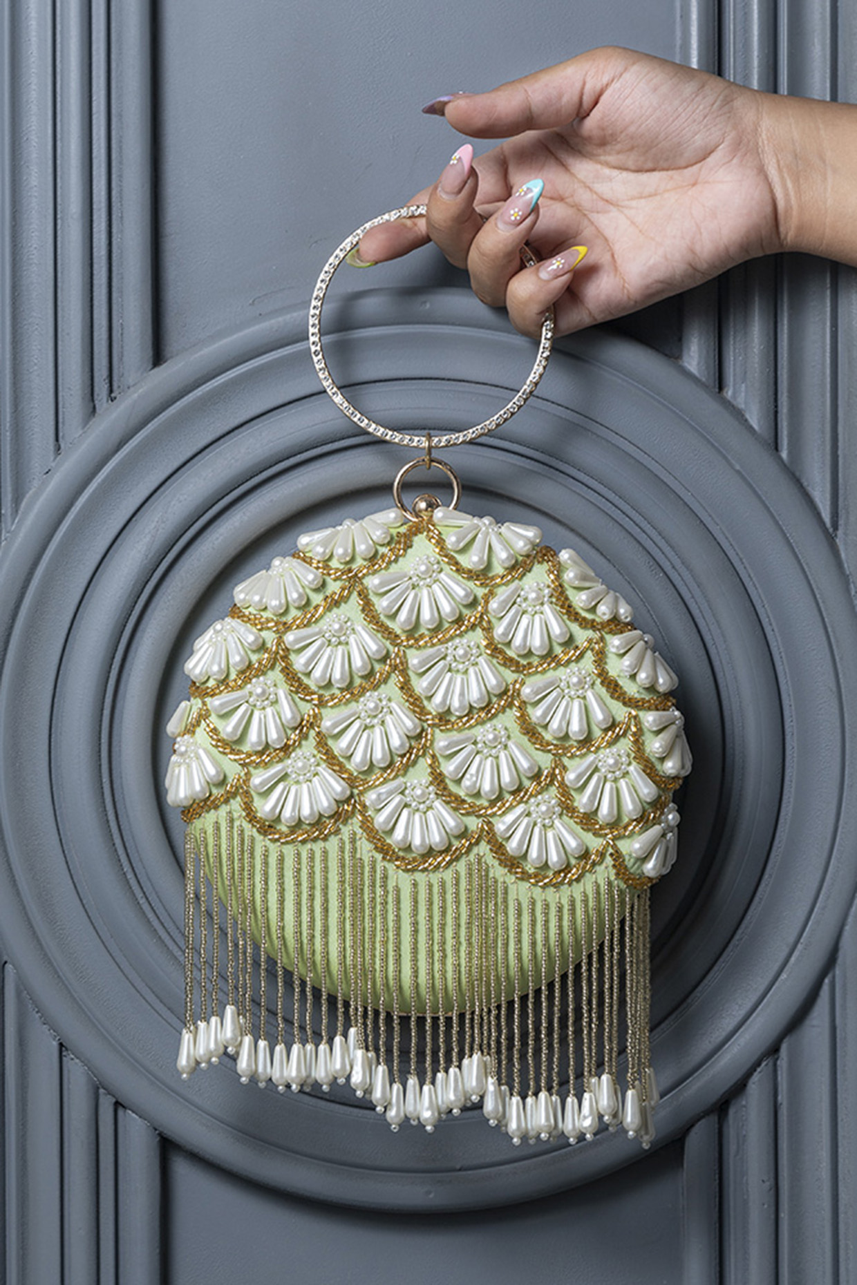Green Taffeta Silk Pearl Hand Embroidered Clutch by THE TAN CLAN at Pernia's Pop Up Shop