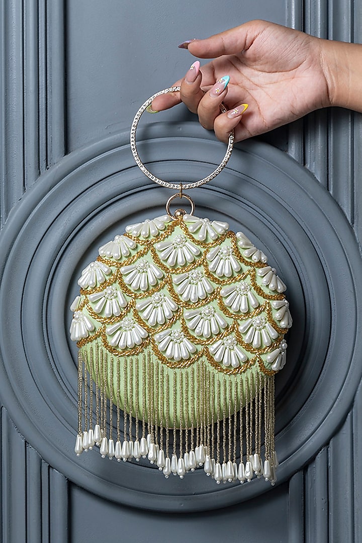 Green Taffeta Silk Pearl Hand Embroidered Clutch by THE TAN CLAN