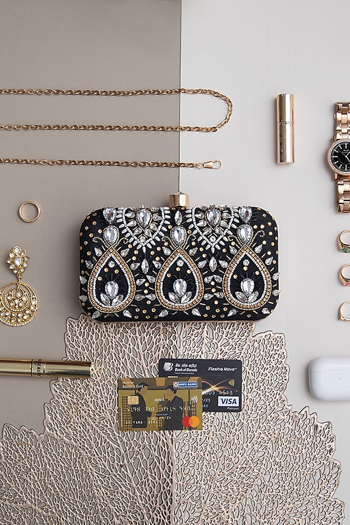 Black Silk Hand Embroidered Clutch by THE TAN CLAN at Pernia's Pop Up Shop