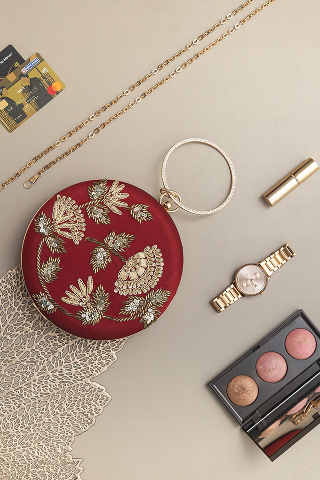 Red Silk Hand Embroidered Clutch by THE TAN CLAN at Pernia's Pop Up Shop