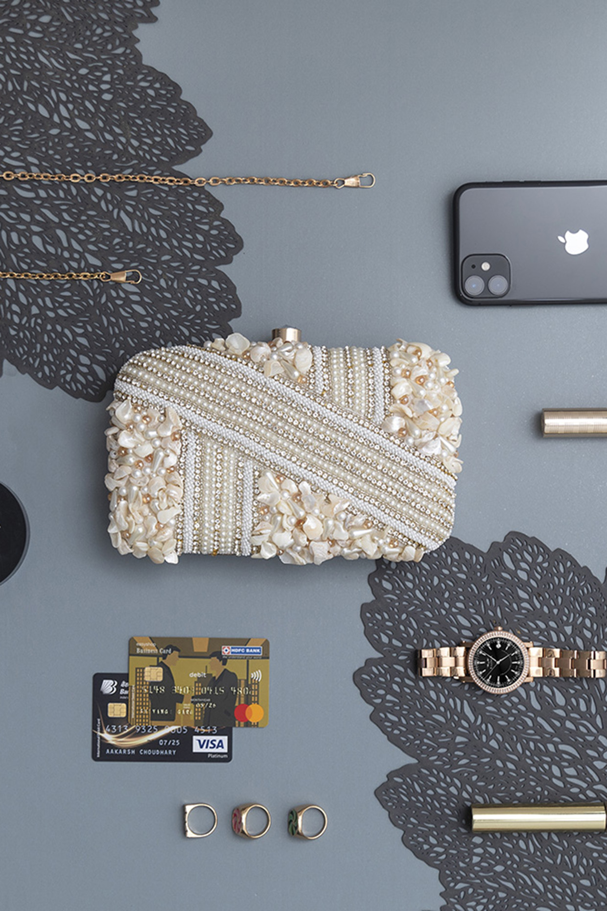 White Raw Silk Pearl Hand Embroidered Clutch by THE TAN CLAN at Pernia's Pop Up Shop