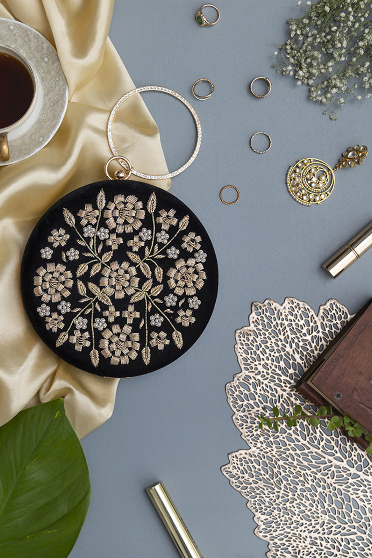 Black Velvet Zardosi Hand Embroidered Clutch by THE TAN CLAN at Pernia's Pop Up Shop