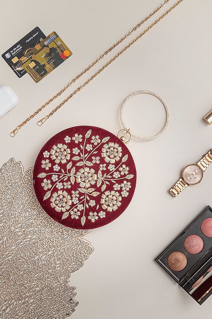 Maroon Velvet Zardosi Hand Embroidered Clutch by THE TAN CLAN at Pernia's Pop Up Shop