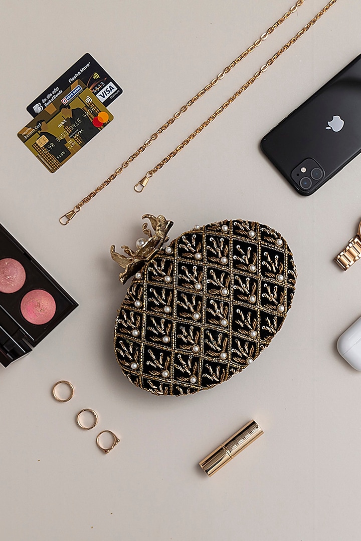 Black Raw Silk Zardosi Thread Hand Embroidered Clutch by THE TAN CLAN at Pernia's Pop Up Shop