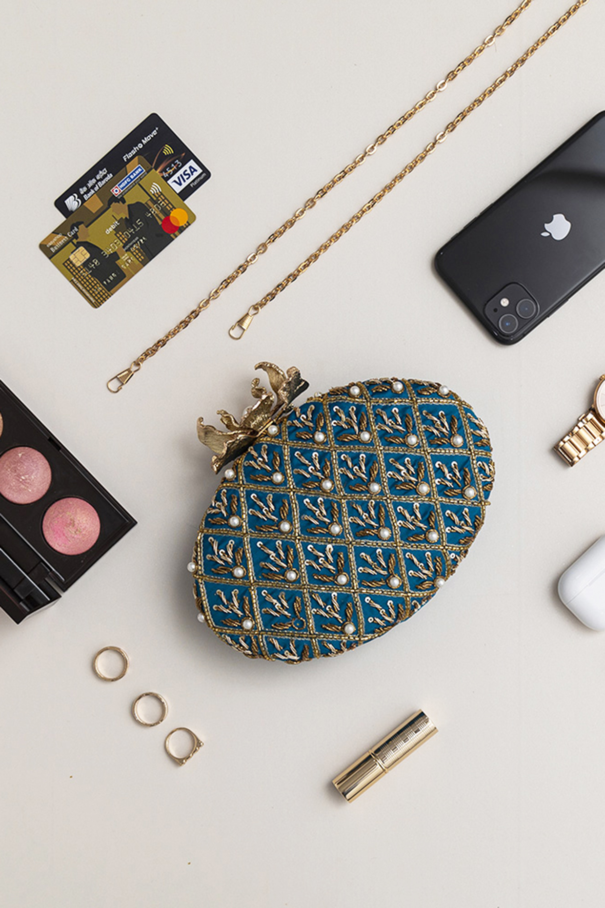 Blue Raw Silk Zardosi Thread Hand Embroidered Clutch by THE TAN CLAN at Pernia's Pop Up Shop