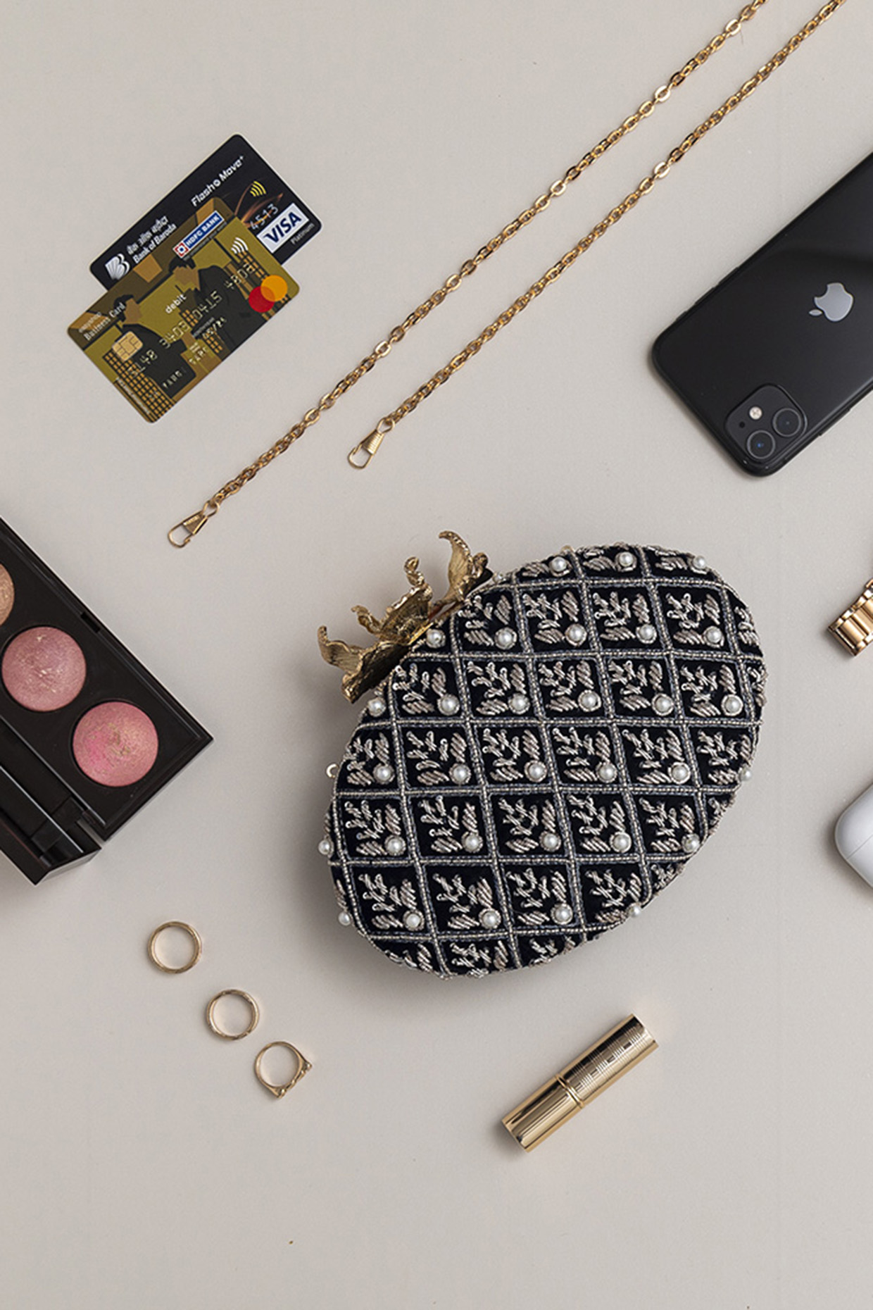 Navy Blue Raw Silk Zardosi Thread Hand Embroidered Clutch by THE TAN CLAN at Pernia's Pop Up Shop