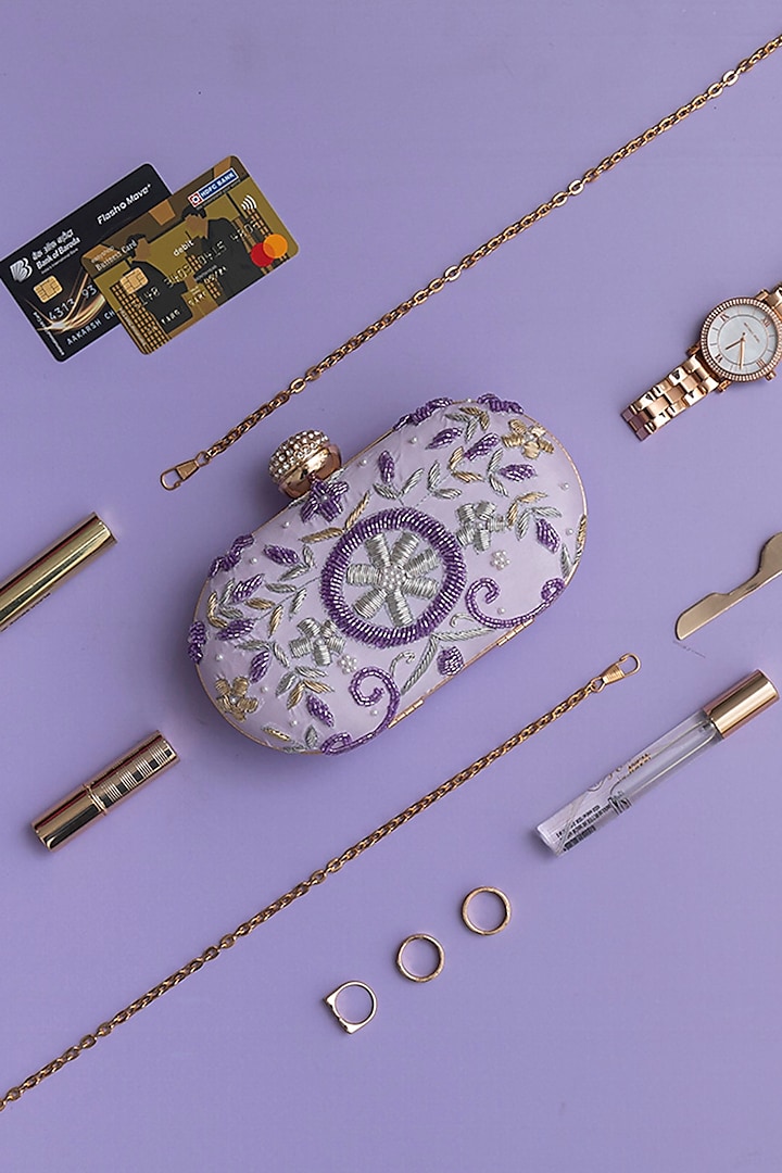 Lilac Raw Silk Zardosi Thread Embroidered Clutch by THE TAN CLAN at Pernia's Pop Up Shop