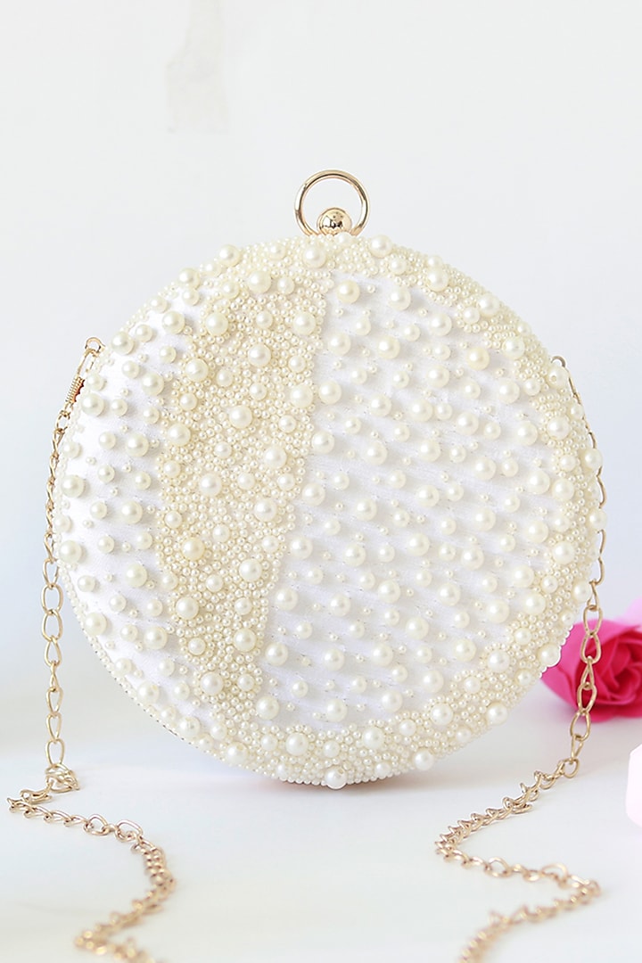 White Silk Pearl Hand Embroidered Clutch by THE TAN CLAN