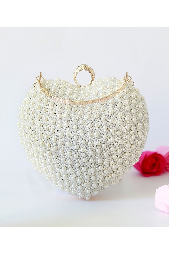 White Silk Pearl Hand Embroidered Heart Clutch by THE TAN CLAN
