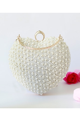 White Silk Pearl Hand Embroidered Heart Clutch by THE TAN CLAN