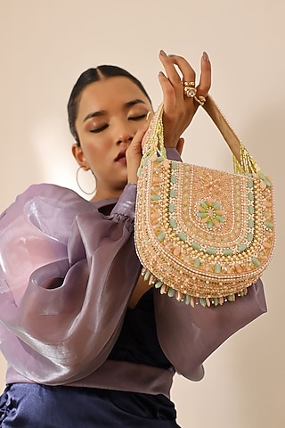 Peach Suede Handcrafted Structured Bags by THE TAN CLAN