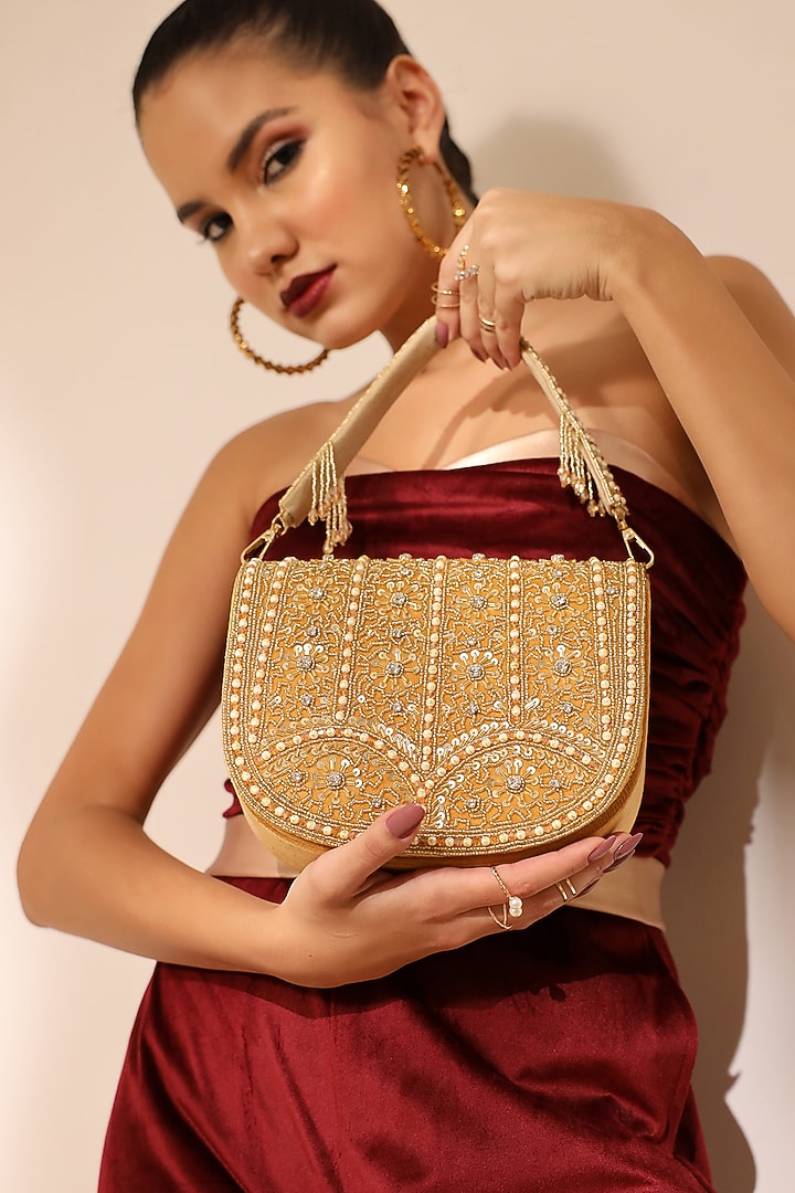 Gold Suede Handcrafted Structured Bags by THE TAN CLAN at Pernia's Pop Up Shop