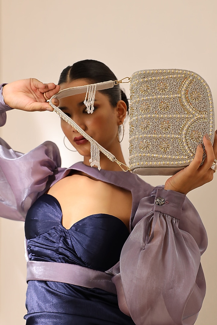 Grey Suede Handcrafted Structured Bags by THE TAN CLAN at Pernia's Pop Up Shop